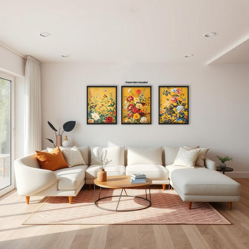 Posterizer 3 pcs-Vibrant Yellow Theme-Lush Flowers-Floral Botanical Art-Abstract & Modern Art- Kitchens, Dining Room Decor- unframed wall art...